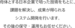 母体とする日本企業で培った技術をもとに、課題を解決し、成果が得られるシステム開発を行います。その後の保守・運用もお任せください。