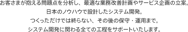 お客さまが抱える問題点を分析し、最適な業務改善計画やサービス企画の立案。日本のノウハウで設計したシステム開発。つくっただけでは終らない、その後の保守・運用まで。システム開発に関わる全ての工程をサポートいたします。